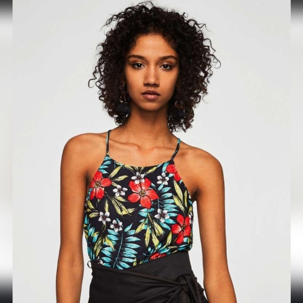 Mango Basics Black Floral Printed A-Line Top Size Medium